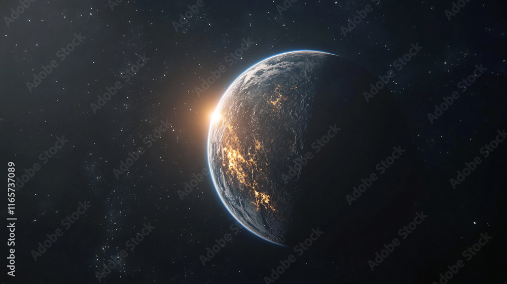 Fototapeta premium Earth in the glow of sunrise as seen from the far side of the moon, with stars in the background.