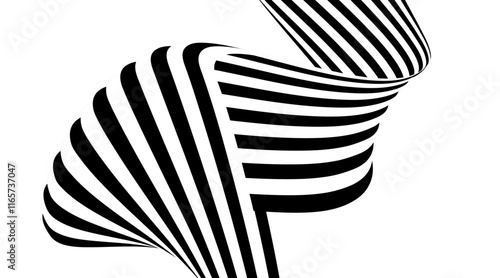 Black and White Stripe. Abstract Seamless Liquid Ribbon for Promos, Banners, Posters, Social Media, Cards, Covers. Optical Geometric Op Art Illusion in 80s-90s Style. Vector illustration.