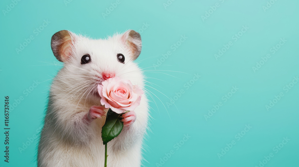 Hamster holding pink rose on blue background, copy space, Valentine's Day Hamster holding pink rose on blue background, copy space, Valentine's Day