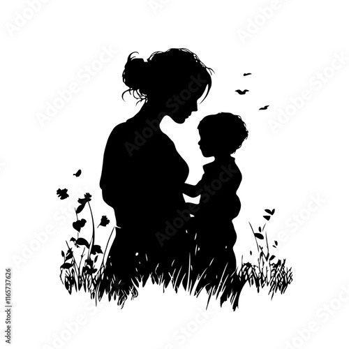 Silhouette of a mother and child surrounded by flowers and birds on a white background, symbolizing love and family connection