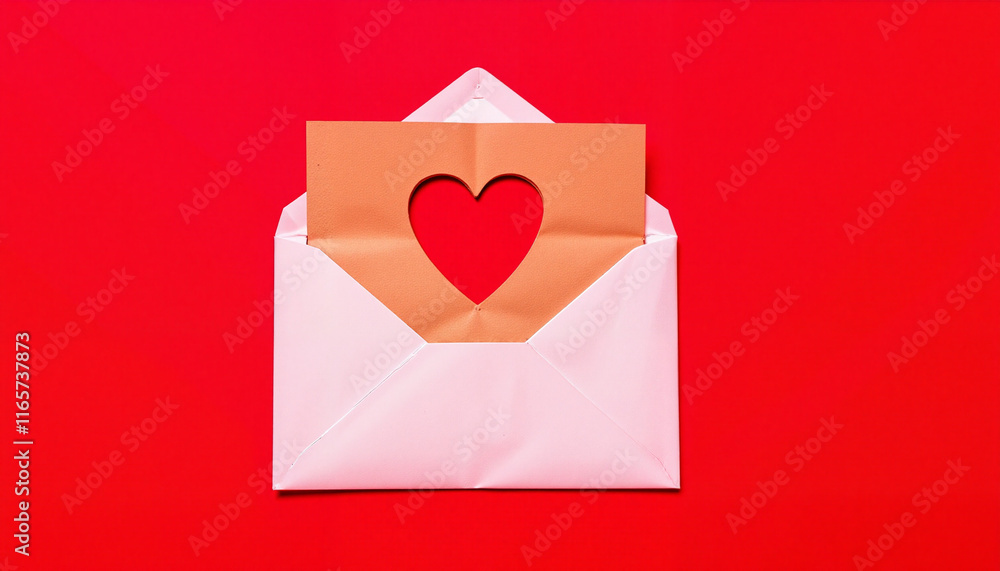 Envelope with heart cutout on red background Envelope with heart cutout on red background