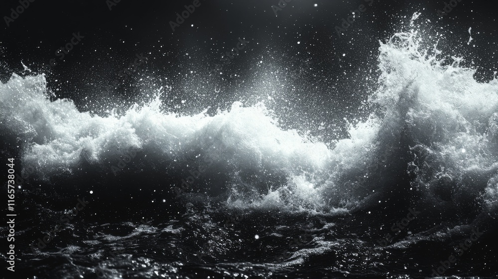 Dramatic monochrome ocean wave crashing at night, splashing water droplets illuminated by light. Dramatic monochrome ocean wave crashing at night, splashing water droplets illuminated by light.