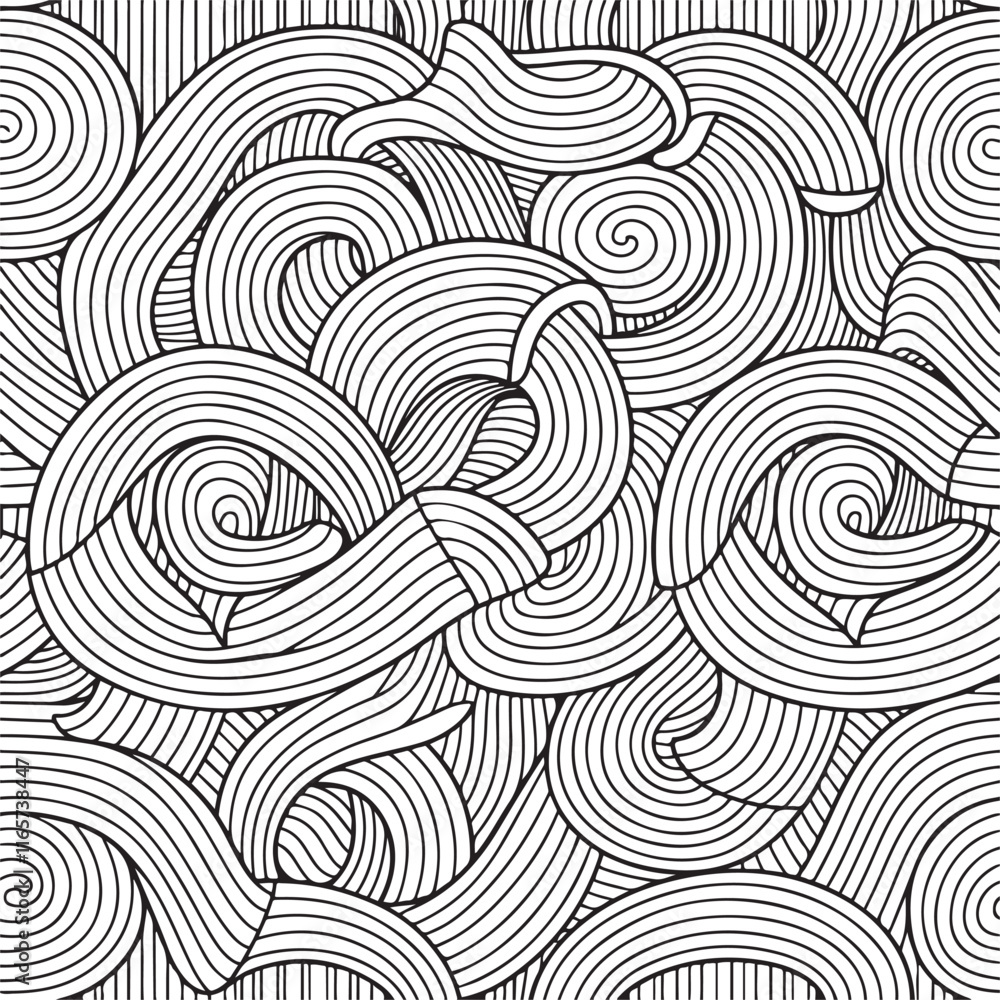 Pattern for coloring book. Hand drawn swirls, ringlets, sea waves, Van Gogh sky. Doodle, vector, zentangle design element. Adult coloring book.