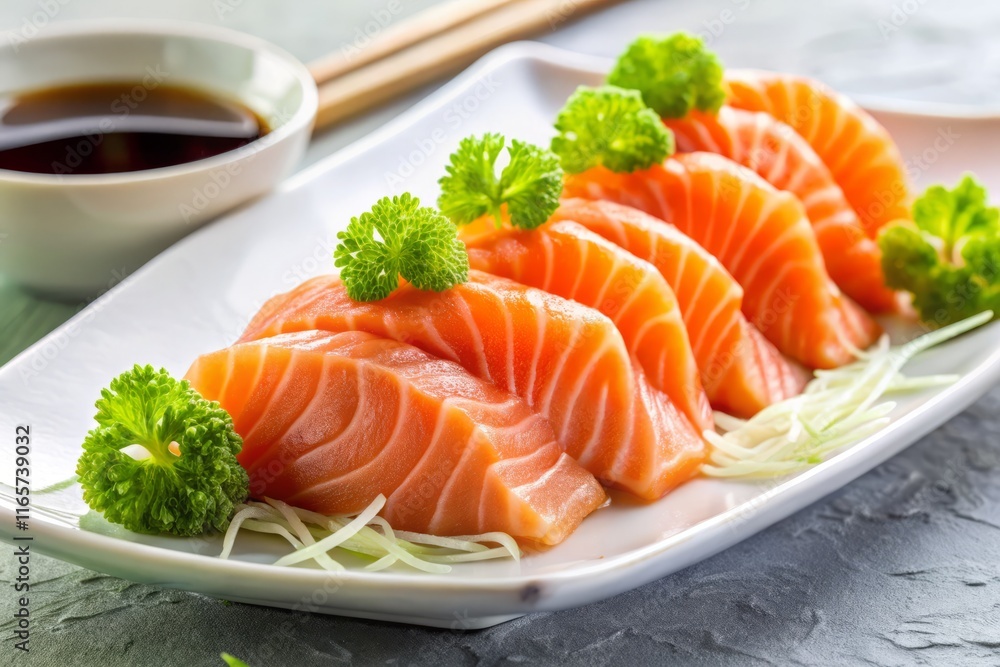 Fresh Salmon Sashimi: Close-up of Delicate Slices on White Plate with Wasabi and Sauce Fresh Salmon Sashimi: Close-up of Delicate Slices on White Plate with Wasabi and Sauce