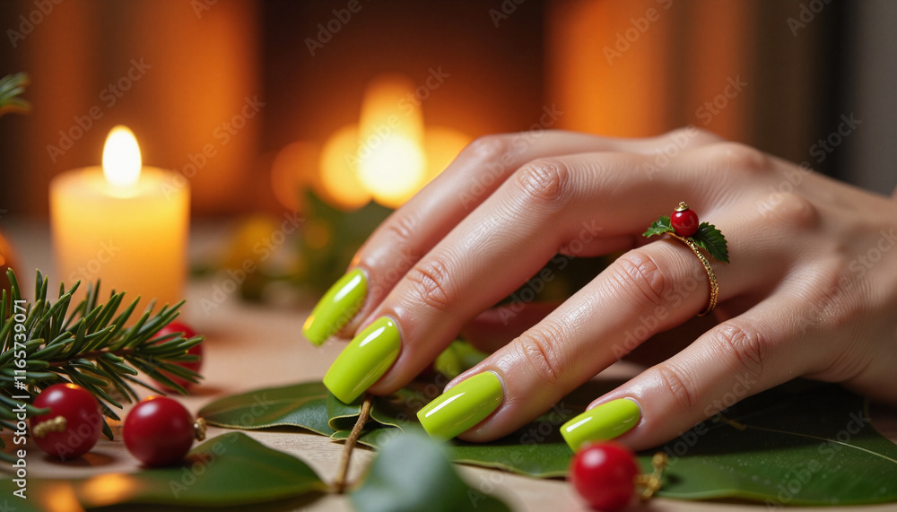 A good manicure. Elegant hand showcasing neon green nails against cozy fireplace A good manicure. Elegant hand showcasing neon green nails against cozy fireplace