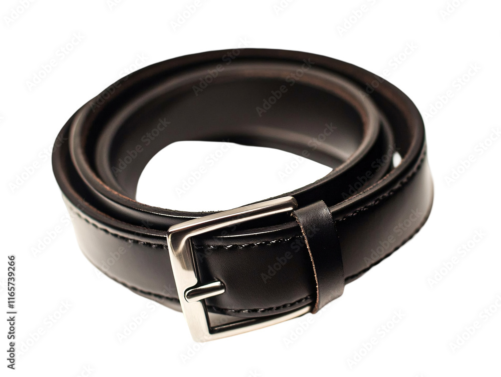 Isolated Black Leather Belt with Metal Buckle Isolated Black Leather Belt with Metal Buckle