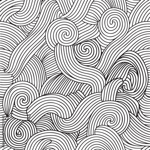 Pattern for coloring book. Hand drawn swirls, ringlets, sea waves, Van Gogh sky. Doodle, vector, zentangle design element. Adult coloring book.