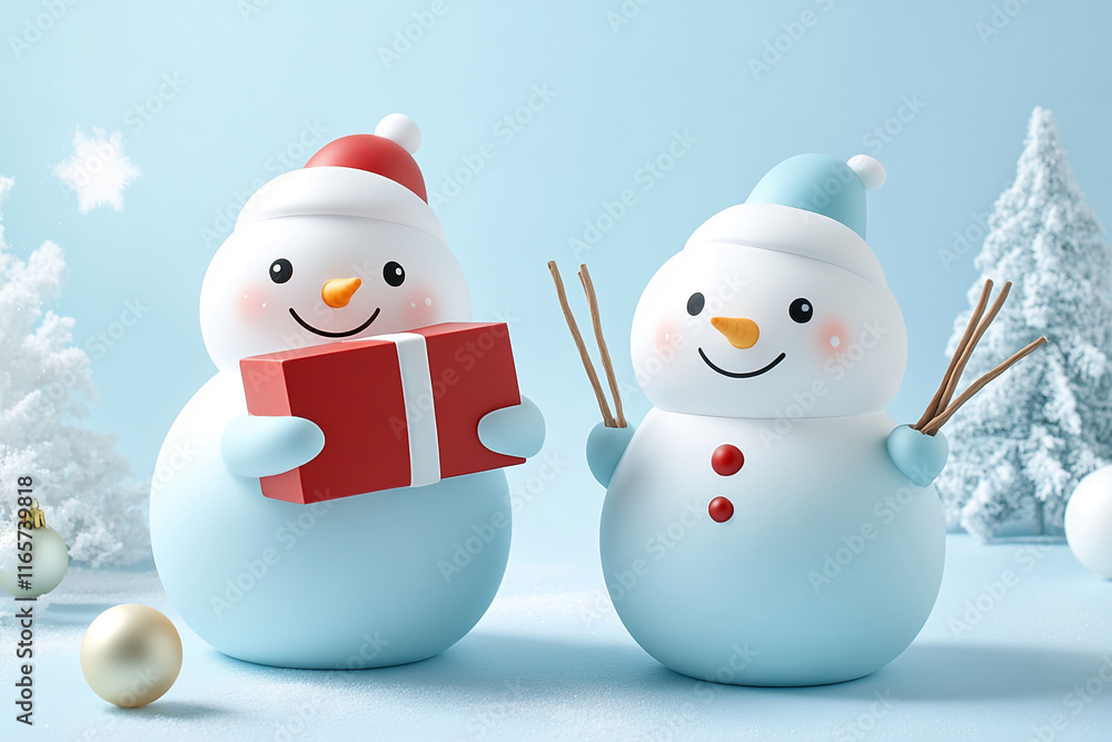 Cute Snowmen with Red Gift Box in Winter Scene, Perfect for Christmas and Holiday Themes Cute Snowmen with Red Gift Box in Winter Scene, Perfect for Christmas and Holiday Themes