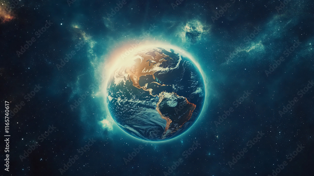 Earth surrounded by bright auroras from the poles, casting a radiant glow into space. Earth surrounded by bright auroras from the poles, casting a radiant glow into space.