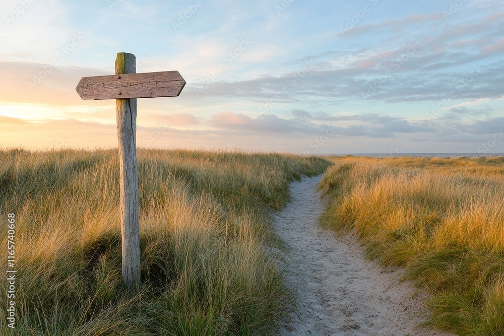 Sandy path with wooden signpost at sunset. Sandy path with wooden signpost at sunset.