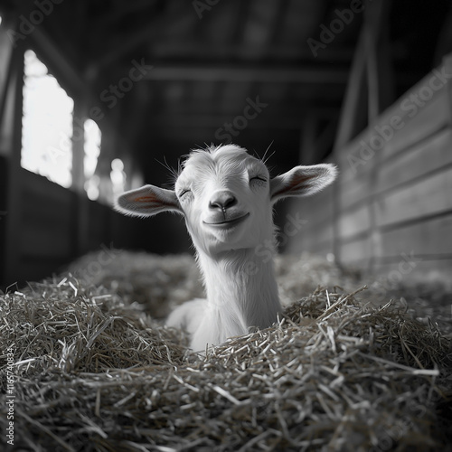 A beautiful goat is laughing in the barn, photo