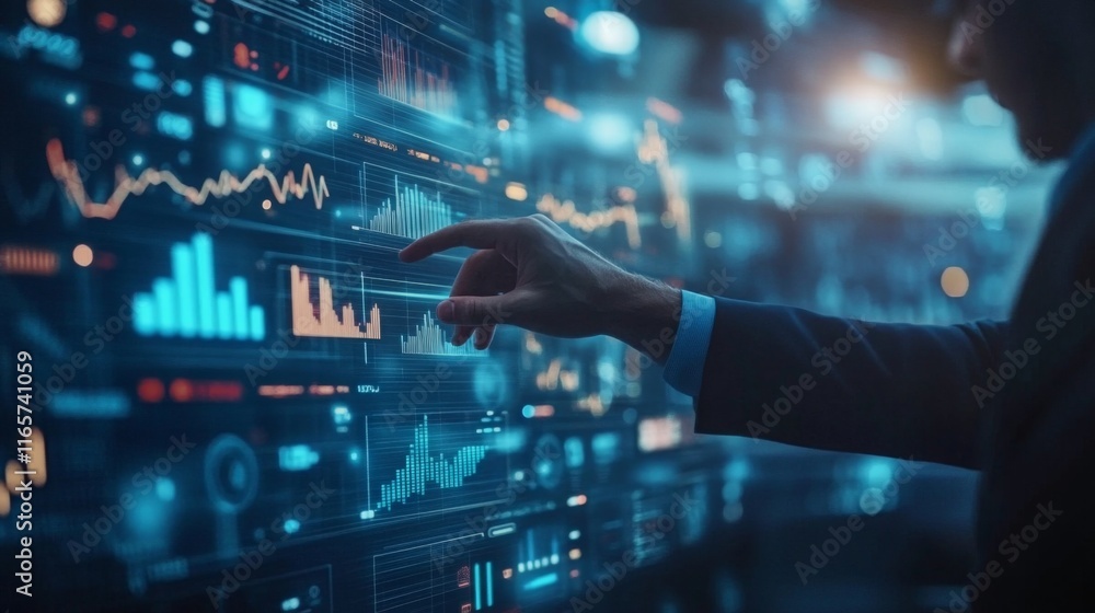A professional analyzing data on a digital screen, showcasing graphs and statistics in a futuristic environment. A professional analyzing data on a digital screen, showcasing graphs and statistics in a futuristic environment.