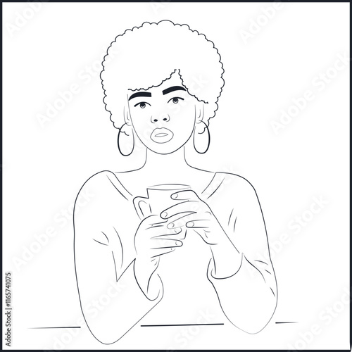 Line Art African American Woman Drinking Coffee or Tea