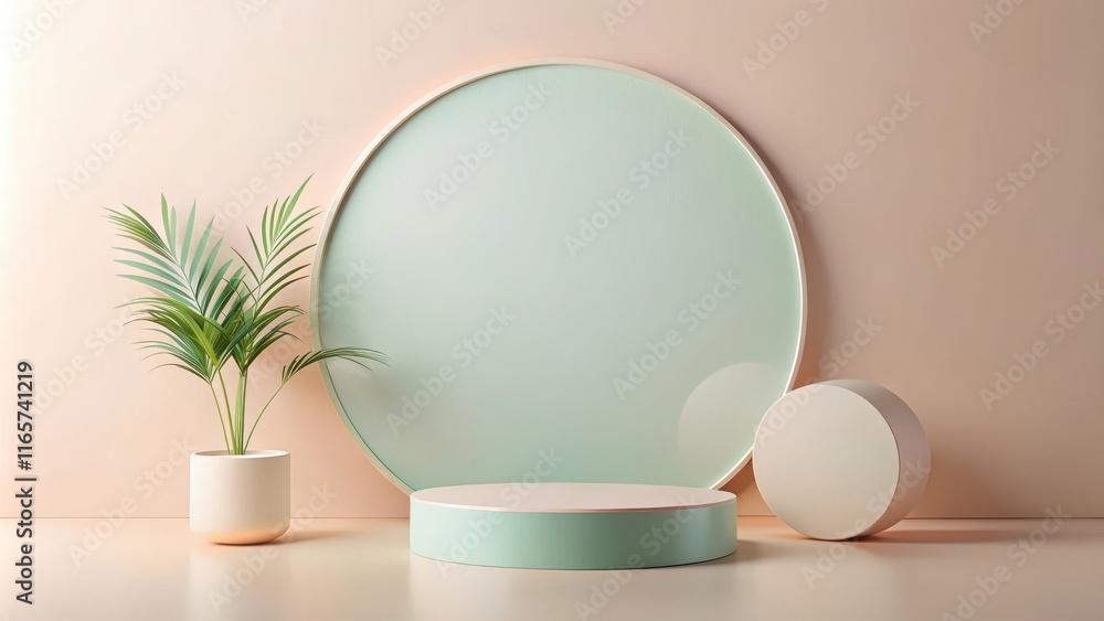 Pastel-Colored Cylindrical Display with Tropical Plant and Circular Background Pastel-Colored Cylindrical Display with Tropical Plant and Circular Background