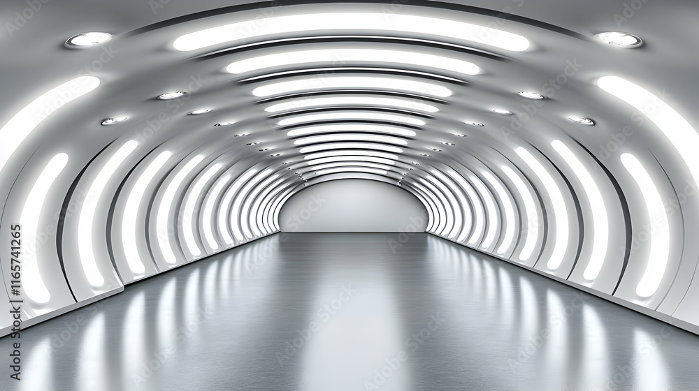 Futuristic illuminated tunnel, abstract architecture, bright LED lights, sleek design, modern interior, glossy floor, architectural rendering, 3D illustration. Futuristic illuminated tunnel, abstract architecture, bright LED lights, sleek design, modern interior, glossy floor, architectural rendering, 3D illustration.