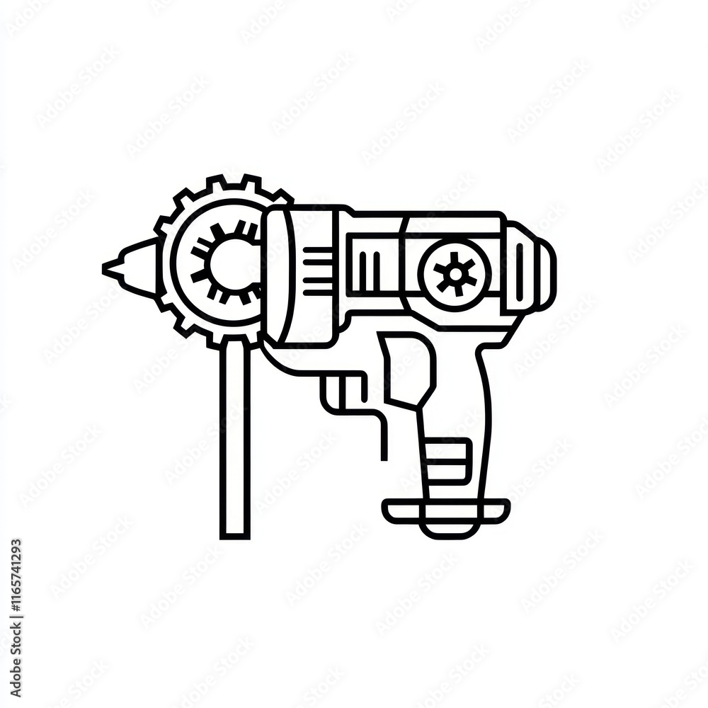 Line art drawing of a power tool with a gear Line art drawing of a power tool with a gear