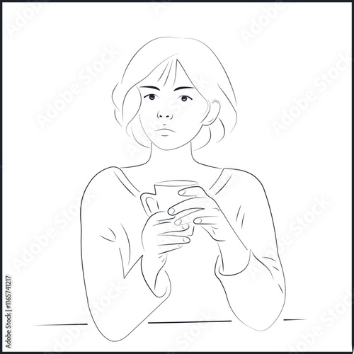 Line Art Asian Woman Drinking Coffee on White Background