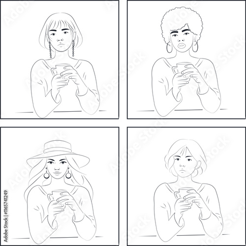 Line Art Set of Four Women Drinking Coffee, Diverse Ethnicities, Minimalist Style, White Background
