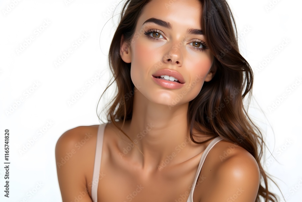 Close-up face Realistic model makeup on white background Close-up face Realistic model makeup on white background