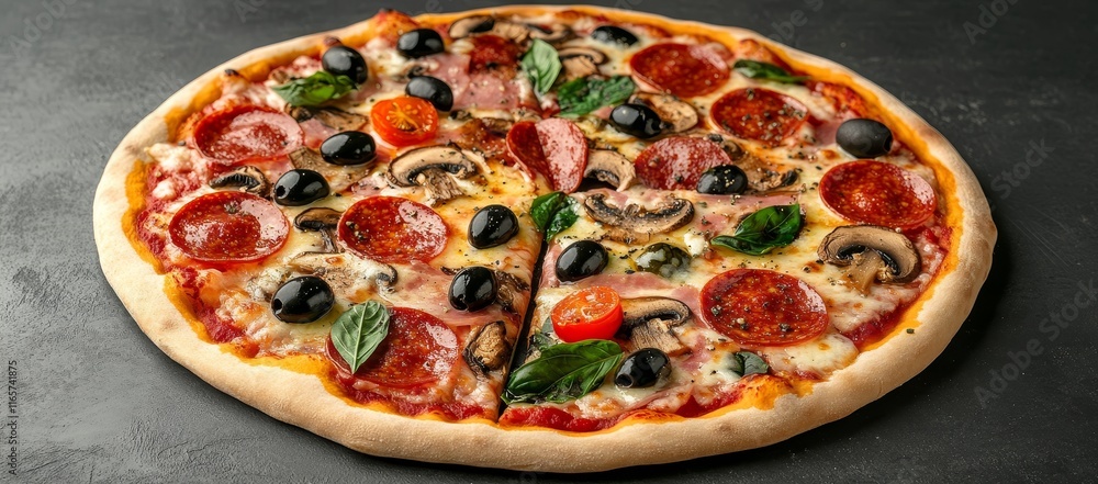 Delicious pepperoni pizza with mushrooms, olives, and tomatoes. Delicious pepperoni pizza with mushrooms, olives, and tomatoes.