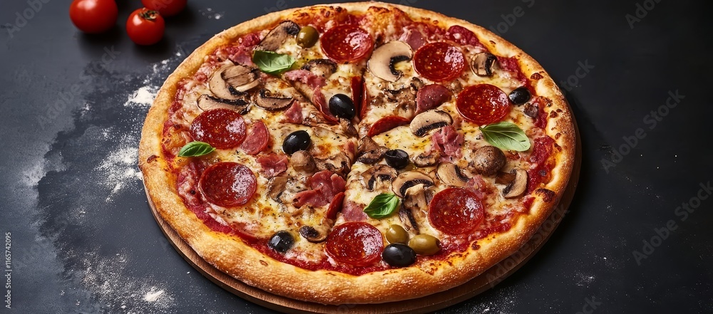 Delicious pepperoni, mushroom, and olive pizza on dark background. Delicious pepperoni, mushroom, and olive pizza on dark background.