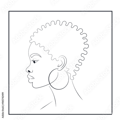 Line Art Portrait of African American Woman with Short Hair and Large Hoop Earring