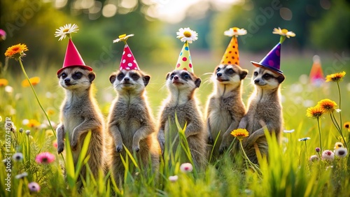 Fototapeta Naklejka Na Ścianę i Meble -  Happy Birthday Meerkat Party: Adorable Animals in Festive Caps Celebrate