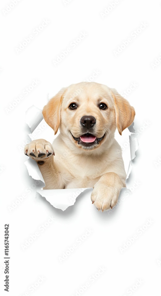 Playful Labrador Retriever Puppy Tearing Through Paper - Studio Isolated Image Playful Labrador Retriever Puppy Tearing Through Paper - Studio Isolated Image