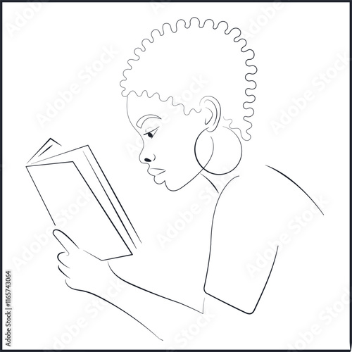 Line Art Portrait of African American Woman with Hoop Earrings Reading a Book