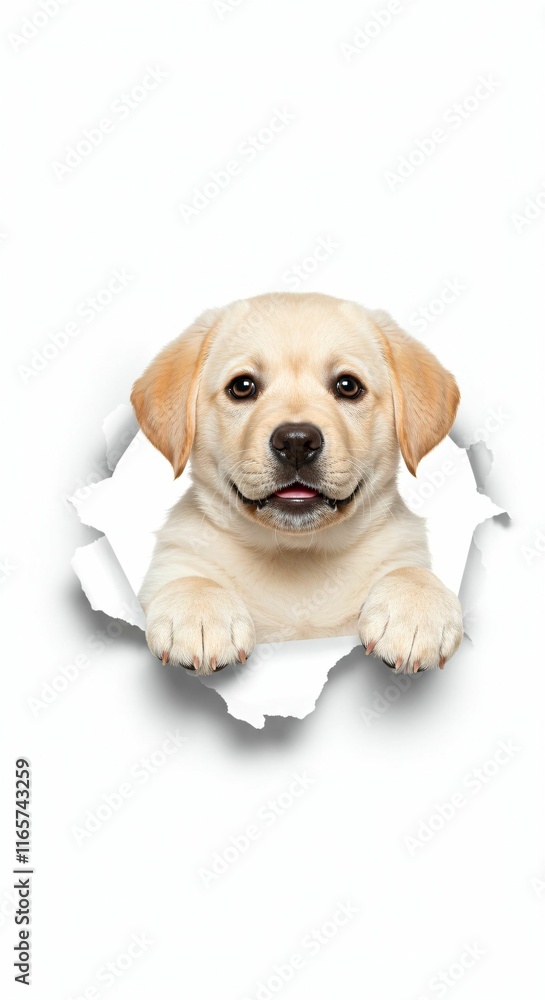 Playful Labrador Retriever Puppy Tearing Through Paper - Studio Isolated Image Playful Labrador Retriever Puppy Tearing Through Paper - Studio Isolated Image