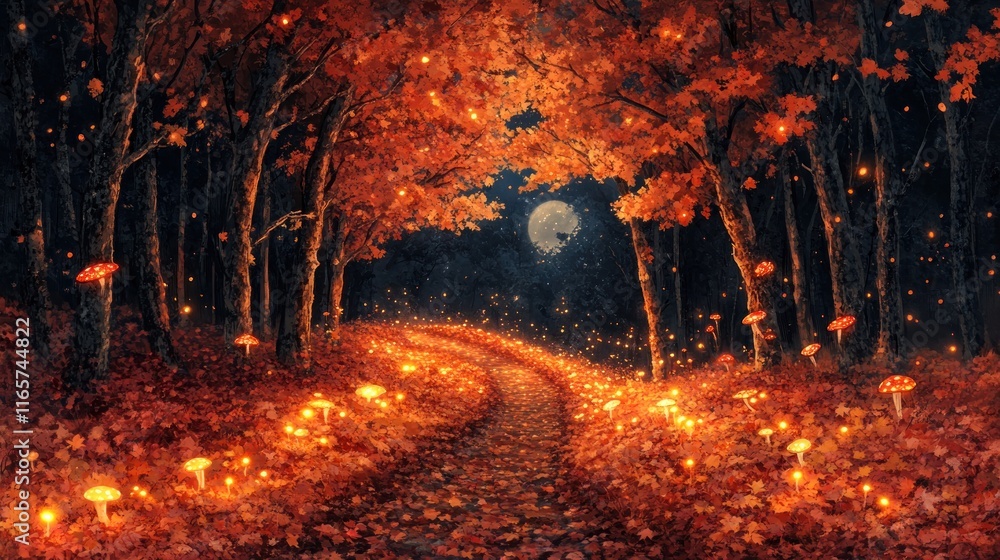 Fototapeta premium Enchanted autumn path, glowing mushrooms, moonlit forest.