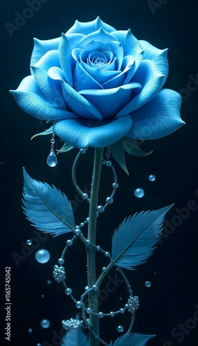  rose on blue with water drops
