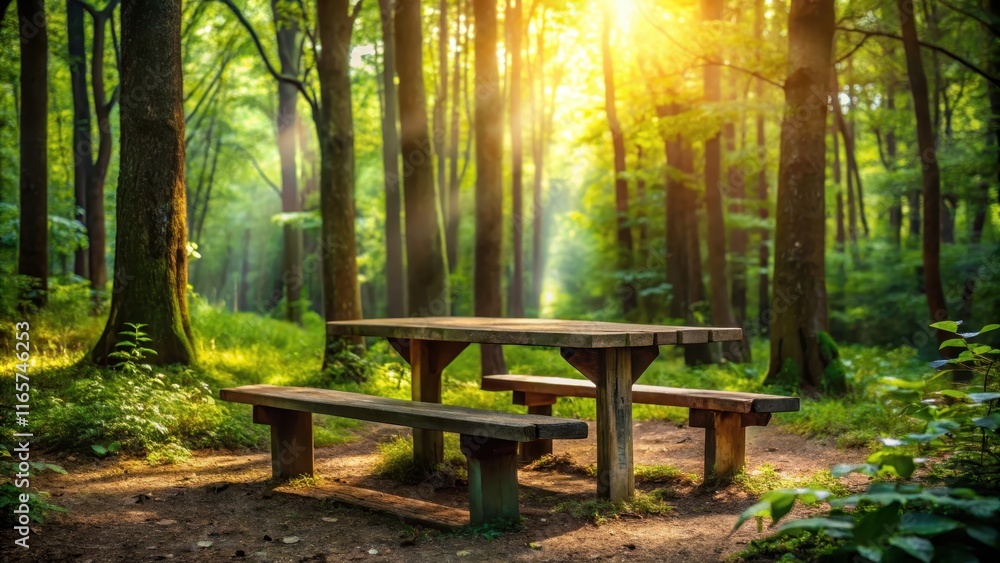 Serene woodland picnic area with wooden table and benches bathed in sunlight Serene woodland picnic area with wooden table and benches bathed in sunlight