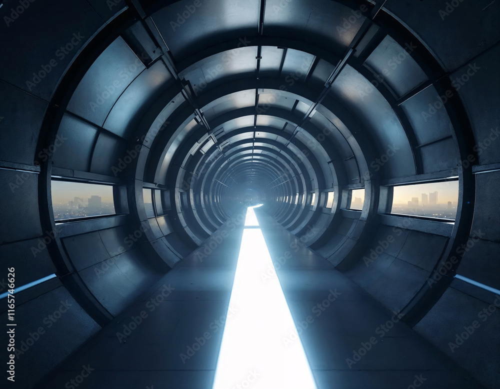 Futuristic tunnel connecting urban landscapes with a bright light source guiding the way toward an undiscovered destination during early morning hours Futuristic tunnel connecting urban landscapes with a bright light source guiding the way toward an undiscovered destination during early morning hours