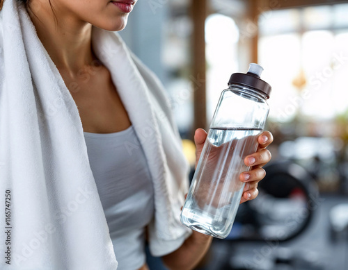 Sweaty athlete at the gym holds a water bottle, staying hydrated after a vigorous workout session