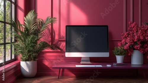 Here's a 10-word description of the image: Pink room, computer