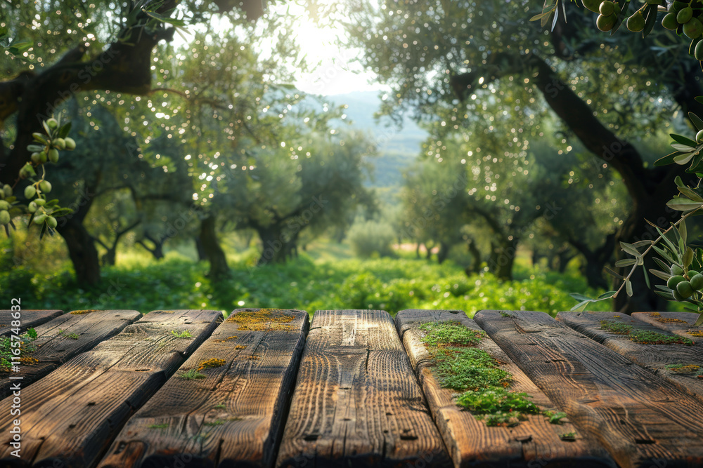Old wooden table for product display with natural green olive field bokeh background. ,. Old wooden table for product display with natural green olive field bokeh background. ,.