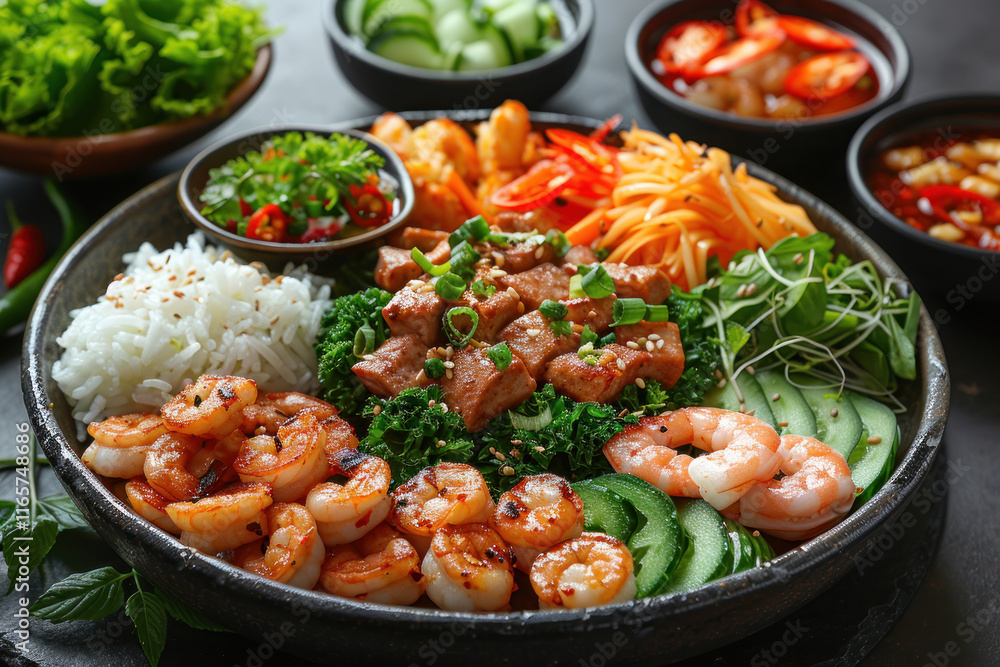 Asian cuisine served on black stone, top view. Set of Chinese and Vietnamese cuisine.. Asian cuisine served on black stone, top view. Set of Chinese and Vietnamese cuisine..