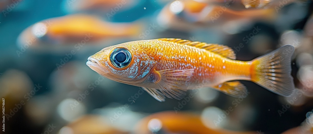 Obraz premium [Closeup view of orange small schooling fish near the bottom of a tank] School of Small Orange Fish Swimming Together Near Bottom Aquarium Glass Background