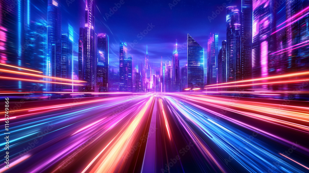 A futuristic cityscape at dusk with sleek skyscrapers, captured alongside vibrant light trails from fast-moving vehicles, creating a dynamic urban atmosphere. A futuristic cityscape at dusk with sleek skyscrapers, captured alongside vibrant light trails from fast-moving vehicles, creating a dynamic urban atmosphere.