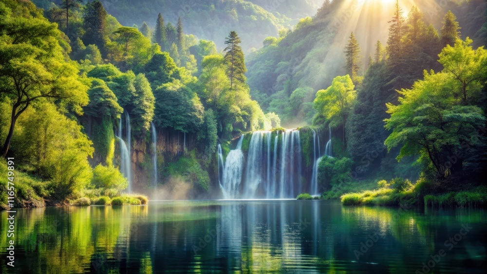 Serene Waterfall Cascading into a Tranquil Emerald Lake Surrounded by Lush Green Foliage in a Picturesque Natural Setting Serene Waterfall Cascading into a Tranquil Emerald Lake Surrounded by Lush Green Foliage in a Picturesque Natural Setting