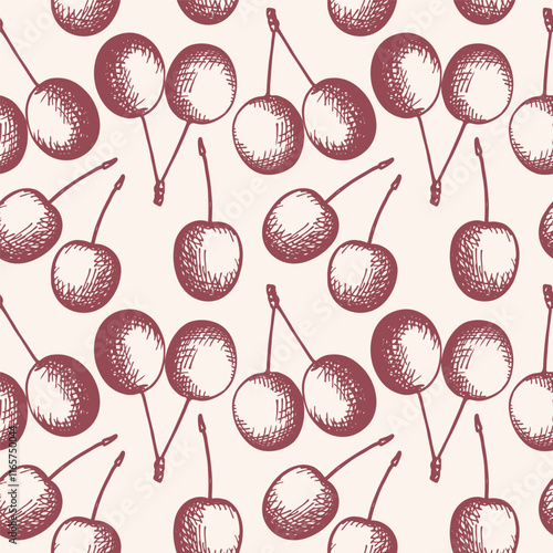 Vector seamless pattern with engraved cherries. Hand drawn repeating background with sweet berry of cherry-tree. Food, red round stone fruits. For textile, wrapping, label, card, print, sign, paper