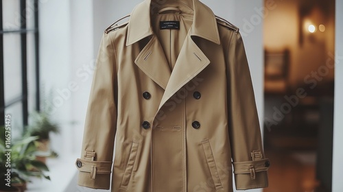 Beige double-breasted trench coat hanging. photo