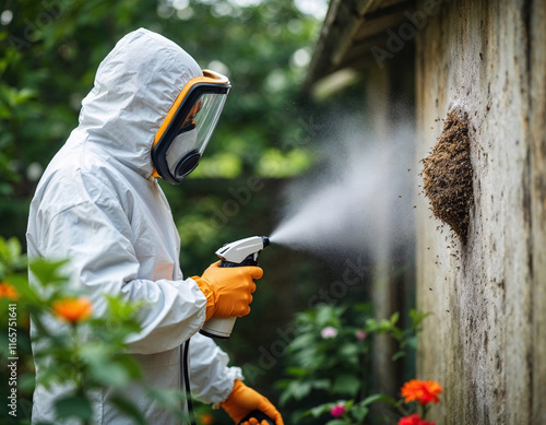 Professional pest control operator eliminates wasp nest from garden shed during daylight hours in a residential area, ensuring safety and comfort photo