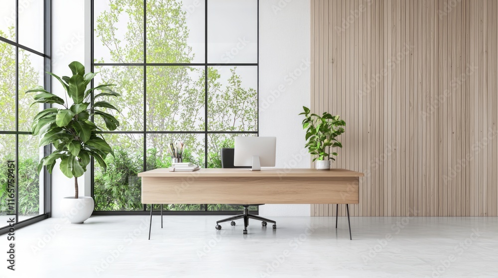 Fototapeta premium Tranquil Japanese-Inspired Workspace with Wooden Desk and Natural Light