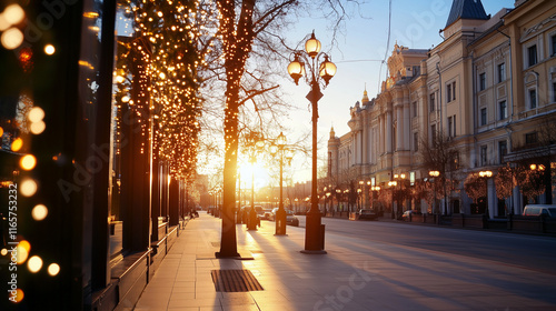city street Moscow Russia, City street at sunset with glowing lights, empty pedestrian avenue, urban architecture, warm evening atmosphere, travel destination, downtown lifestyle, peaceful city walk