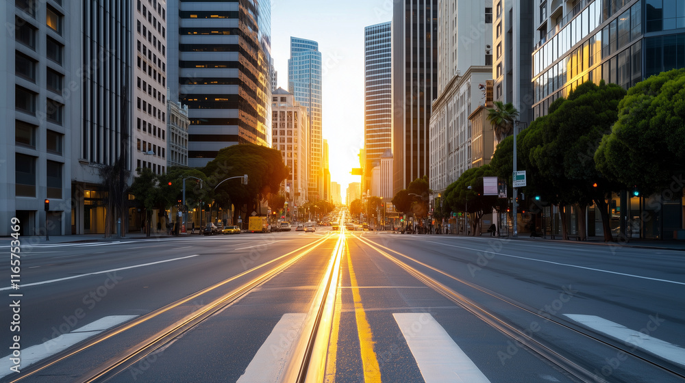 Obraz premium city street California USA empty city street, sunrise downtown, urban perspective, leading lines, symmetrical composition, golden hour, skyscrapers, modern architecture, business district