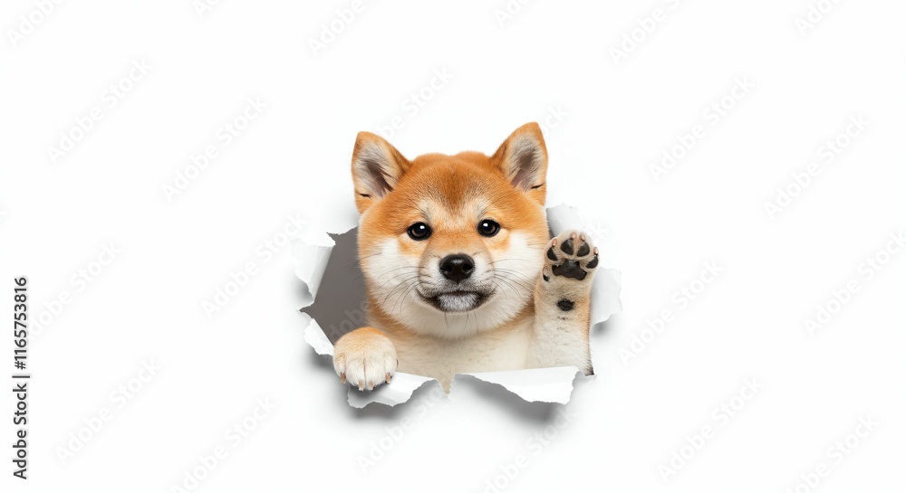 Adorable Shiba Inu Puppy Peeking Through Torn Paper - Playful and Iconic Japanese Breed Adorable Shiba Inu Puppy Peeking Through Torn Paper - Playful and Iconic Japanese Breed