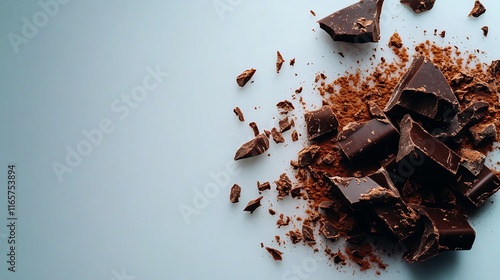 Delicious Cracked Dark Chocolate Pieces with Cocoa Powder photo