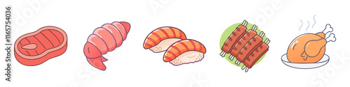 Cartoon Illustration of Meat and Seafood Dishes - Hand-drawn illustrations of steak, lobster tail, sushi, barbecue ribs, and roast chicken arranged in a colorful and playful style.